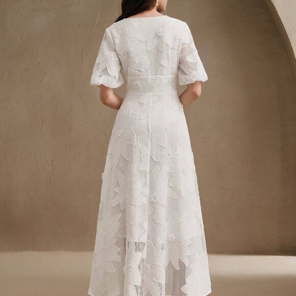 White Elegant Women's Floral Embellished Mid-Sleeve Midi Dress - Picture 3 of 6